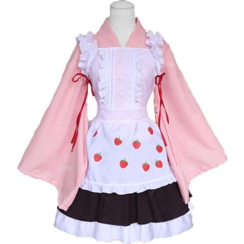 Japan Anime Cardcaptor Kinomoto Sakura Dress Cosplay Costume Strawberry Long Sleeve Maid Costume Yukata Short Kimono Cosplay