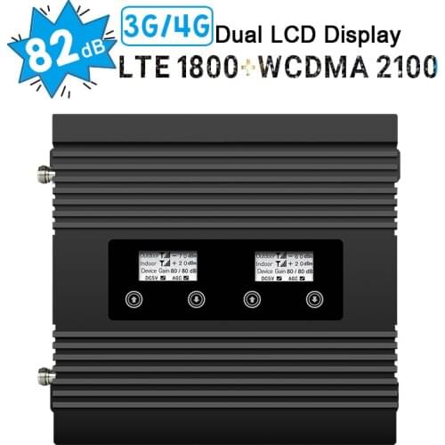 LTE 1800 WCDMA 2100 Dual Band Signal Repeater 3G UMTS 4G LTE Signal Amplifier 82dB Gain 27dBm LCD Display 3G 4G LTE Booster Host