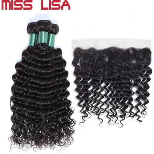 MISS LISA Deep Wave Bundles With 13*4 Lace Frontal Non-Remy Peruvian Human Hair Weave Bundles With Frontal Hair Extension