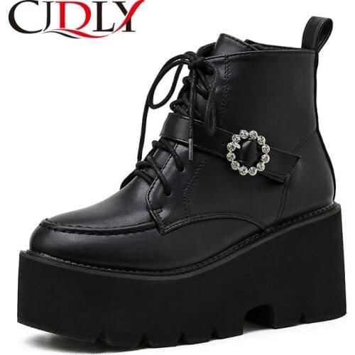 CJDLY Fashion Platform Boots Chunky Punk Suede Leather Womens Gothic Shoes Nightclub Rhinestone Buckle Zipper High Quality