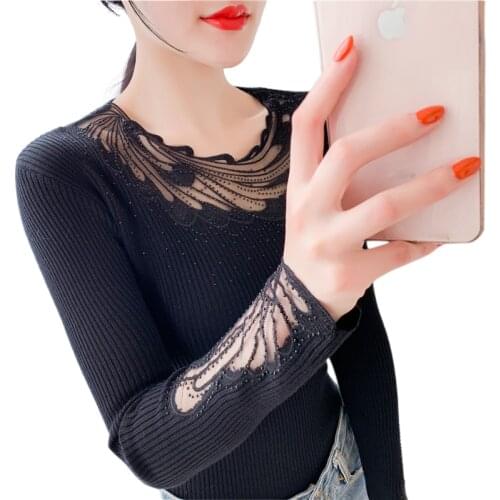 2021 New Sexy Lace Deep O-Neck Women sweaters Spring Winter Lace Long sleeve Pullovers Slim stretch Hollow out Rhinestone Jumper