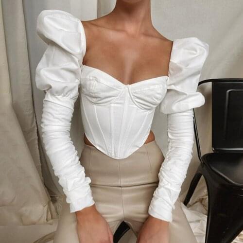 Skinny White T Shirt For Women Square Collar Puff Long Sleeve Ruched Minimalist T Shirts Female 2021 Fashion Clothes New X173