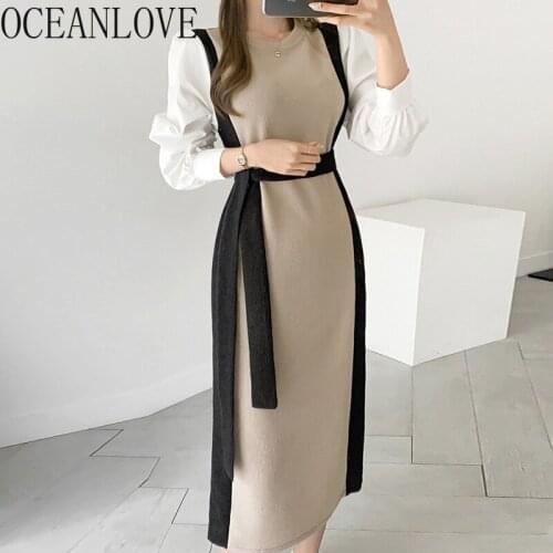 OCEANLOVE Vestidos De Mujer Fake 2 Pcs Elegant Autumn Winter Dress for Women 2021 Bandage Knitting Korean Long Dresses