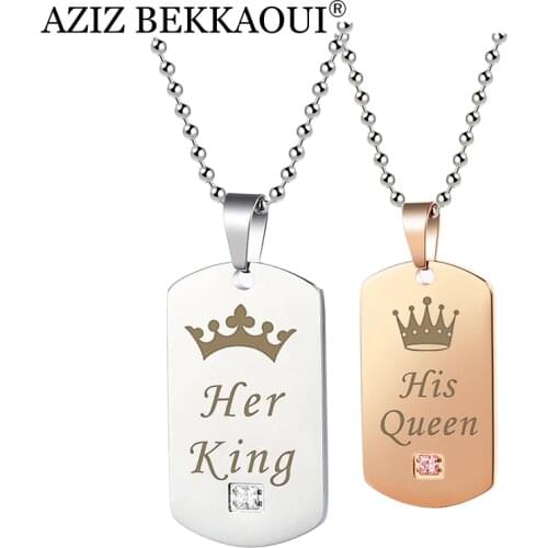 AZIZ BEKKAOUI Couple Necklaces Her King & His Queen with Crown Silver Color Stainless Steel Tag Pendant Necklace Dropshipping