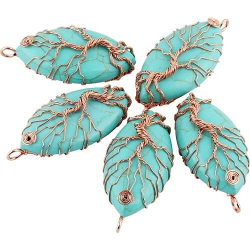 TUMBEELLUWA Cold Color Copper Wire Wrapped Tree of Life Gem Stone Horse Eye Shape Pendant Charms For Jewelry Making