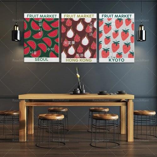 Fruit market poster, 3 piece set of fruit market prints, fruit market poster, travel poster, strawberry-dragon fruit-watermelon