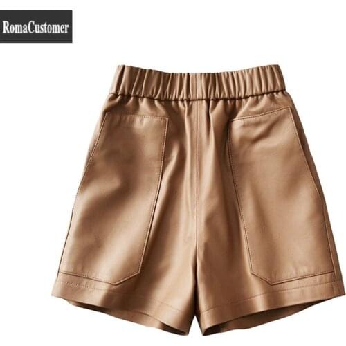 Fashion Womens New High Waist Wide Leg Shorts Genuine Leather Loose Solid Elegant Elastic Waist Sheepskin Casual Female Shorts