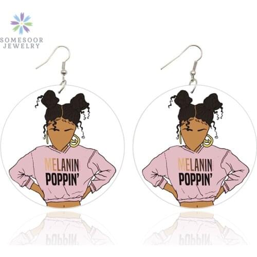 SOMESOOR Both Sides Printing Melanin Poppin Girl African Wooden Drop Earrings Afro Natural Hair Wood Dangle Jewelry Women Gifts