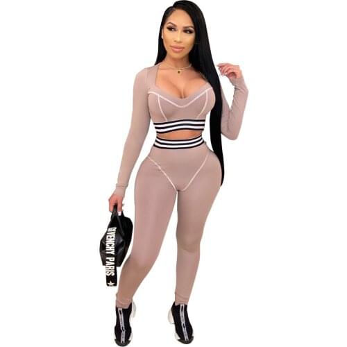 Sports Two Piece Set Jogging Suits For Women Spring Autumn Stripes Sexy Long Sleeve Skinny Fitness Tracksuit Female Outfits 2021
