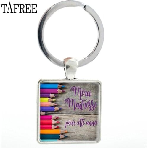 TAFREE Merci Maitresse Square Shape Keychains 25mm Glass Letters Pattern Key Rings For Car Bag Metal Pendant Jewelry NT49