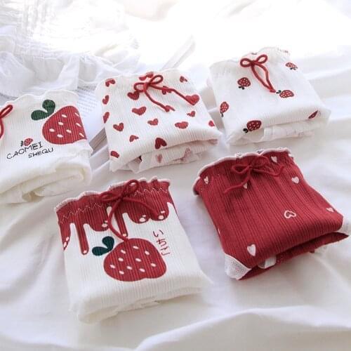 Fruit Strawberry Pattern Cotton Panties Women Cute Heart Wooden Ear Ruffle Red Briefs Underwear Seamless Soft Girls Underpants