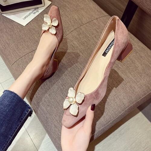 Rimocy Pink Sweet Flowers Square Toe Shoes for Women Fashion Pearl Mid Heels Pumps Woman Slip on Elegant Single Shoes Ladies