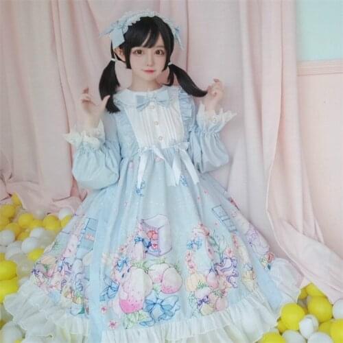 Japanese Autumn Sweety Lolita Soft Girly Dress Kawaii Peter Pan Collar Bow Cute Rabbit Printing Full Sleeve Lace Ruffles Dresses