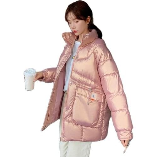 Women Winter Stand Collar Short Windproof Glossy Coat Puffer Jacket Cotton Padded Parkas Outwear Overcoat