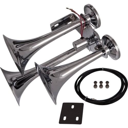 1 set 12V Chrome Impact 152db 3 Triple Trumpet Air Horn Kit Huge Deep Loud Train Sound