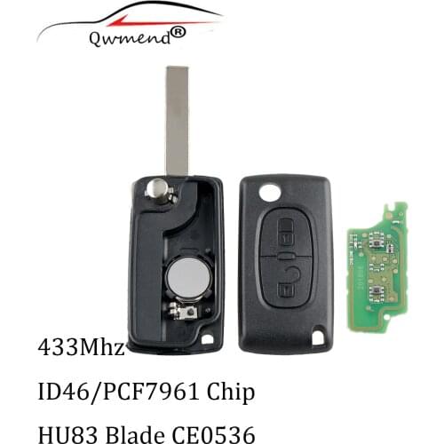 2 Buttons 433MHz HU83 Blade Transponder Chips PCF7961 Remote Fob Key For Peugeot 207 307 308 407 2005-April 2011 ASK signal