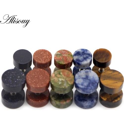 Alisouy 2PC Stone Fake Ear Plug punk Stud Earrings Ear plug Tunnels Cartilage Piercing Studs Tragus Body Jewelry