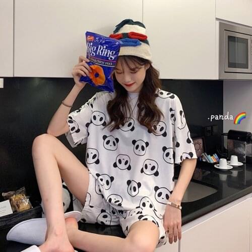 2020 Panda Print Summer Pajamas For Women Cartoon Homewear Girls Sweat Cute Pajamas Loose Sleepwear T-Shirts and Shorts 2 Set