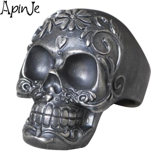 Apinje Vintage 925 Silver Skull Ring Gothic Skeleton Rings For Men Punk Rock Carving Fine Biker Mens Jewelry