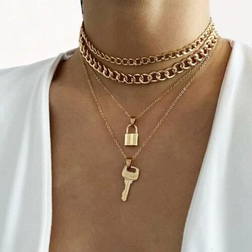 Vintage Multi-layer Lock Key Chain Choker Necklace For Women Gold Silver Color Fashion Chunky Chain Necklaces Jewelry Gift