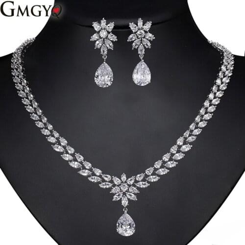 GMGYQ Kleur Beste Kwaliteit Brilliant Crystal Zirkoon Oorbellen En Kettng Sieraden Set Trouwjurk Banquet Graduation Accessaries