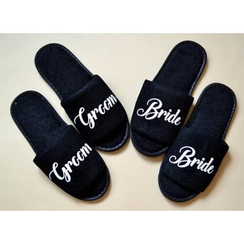 Personalize title black Wedding Bride Groom bestman Bridesmaid maid of honor Slippers Bachelorette Spa Slippers party favors