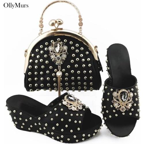 African Style Decorated With Appliques Ladies Shoes With Purse Set Italian Pretty Pumps Shoes And Bag Set For Party