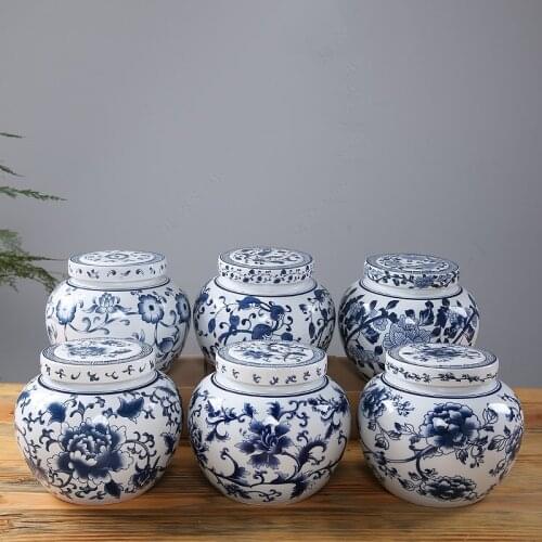 Ceramic Large Tea Caddy Household Blue and White Porcelain Storage Tank Dried Fruit Candy Storage Tank Home Decoration Ornaments