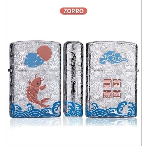 Zorro Kerosene Lighter Wheel Ignition Creative Windproof Classic Pattern sea wide fish jump Business Gift Outside Tool