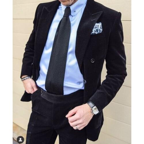 Black Velvet Double Breasted Wedding Men Suits Costume Homme Slim Fit 2 Pieces Tuxedo Groom Prom Blazer Masculino Casual Stylish