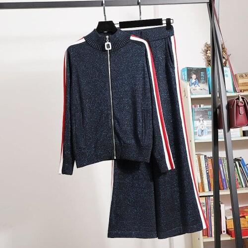 Spring Autumn womens sport suit High quality knitted coat + wide-leg pants 2 piece set B982