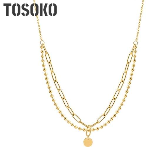 TOSOKO Stainless Steel Jewelry Round Piece Lucky Double Necklaces Women Round Bead Chain Fold Necklace Hip Hop Chain Women P853