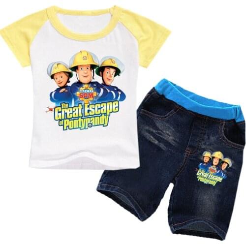 Summer Boys Fireman Sam Clothing set Baby boy Active suit Sports 2 pieces Tracksuits Kids T shirt + Jeans Shorts