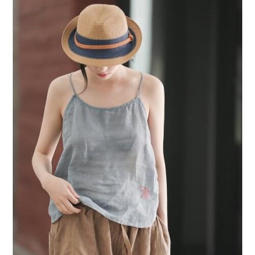 Women Loose Ramie Embroidered Camis Ladies Solid Color Spaghetti Strap Tops Female Summer Loose Tanktops Camis