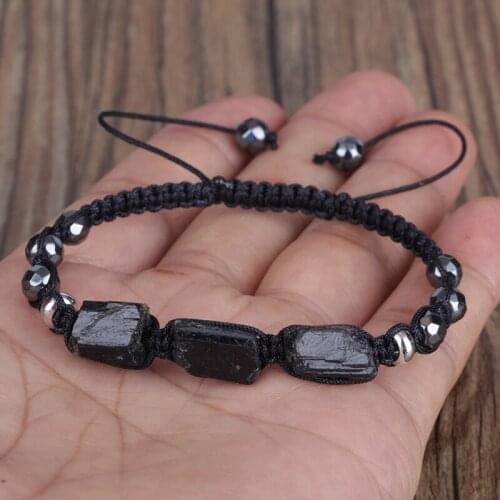 Natural Rough Black Tourmaline Faceted Hematite Healing Stone Bead Nylon Rope Adjustable Handmade Bracelet Unisex Jewelry