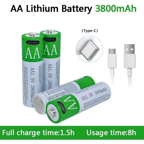 New 1.5V AA Rechargeable Battery 3800mAh USB Rechargeable AA Battery Lithium Polymer Battery Quick Charging by Micro USB Cable