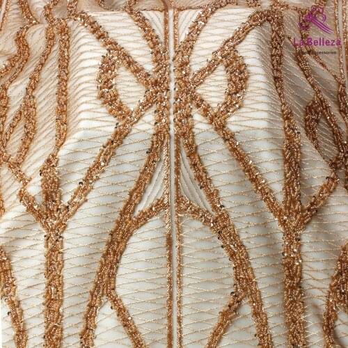 La Belleza 2019 New heavy beaded lace fabric rose gold simple line beading evening dress lace fabric 1 yard