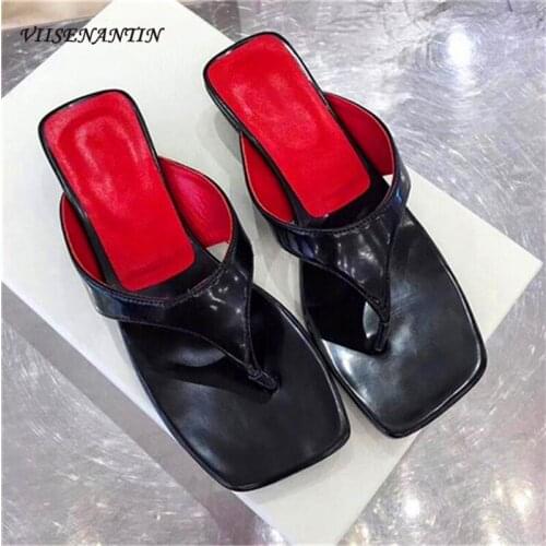 Flip-toe square toe sandals women summer 2021 new simple mixed color soft leather low-heeled slippers women