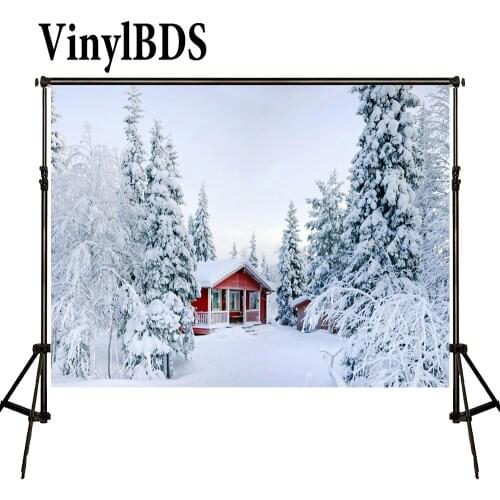 VinylBDS Photography Backdrop 7x5ft Red House Forest Scenery Photography Backdrops White Snow Winter Background For Photo Studio