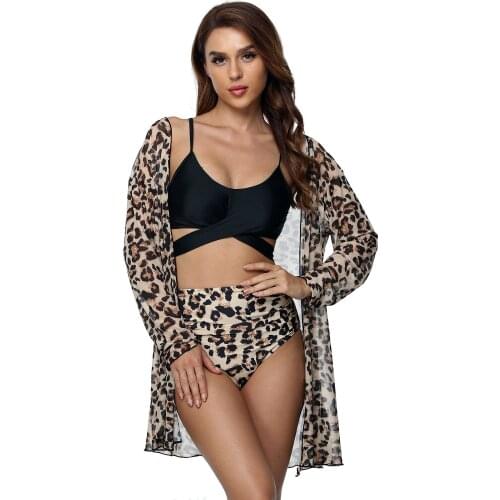 High Waist Three Piece Women Bikini Leopard Print Halter Swimwear Bikini Set Bathing Suits Cross Strap Swimsuit Large Size