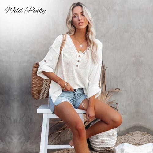 WildPinky Autumn Winter Knitted Sweater Thin V-neck Button Long Sleeve Loose Womens Sweater High Street Fashion Pullover Jumper