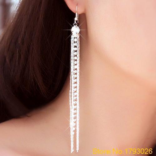 Cocktail Party Womens Silver Rhinestone Alloy Long Tassels Linear Earrings 4TR3