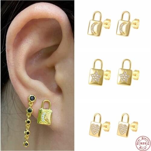 Aide 925 Sterling Silver Moon Star Heart Pattern Lock Shape Stud Earrings For Women Cute Padlock Ear Stud Piercing Jewelry Gift