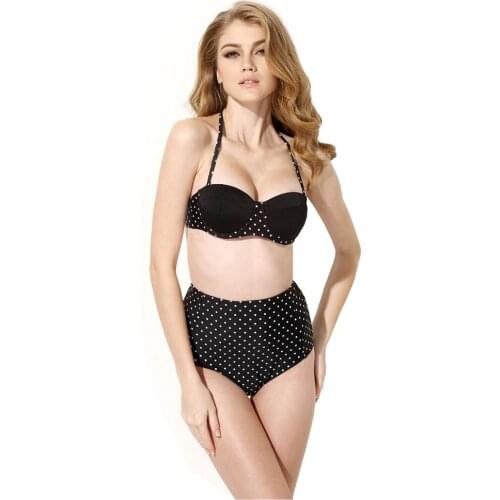 Colloyes Women Black High Waist Swimsuit Push Up Bikini Retro Swimwear Lady Bathing Suit Bandeau Top Thong String Molded Cups