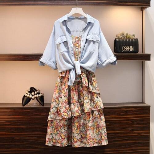 Summer Office Lady 2 Piece Set Korean Womens Lace-up Denim Shirt Tops+Layered Ruffles Print Strap Dress Two Piece Plus Size Suit