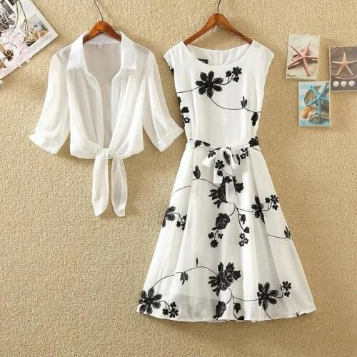 2021 Summer Women Dress Suit White Chiffon Blouse and Dress Two Piece Set Sleeveless Floral Dresses Casual Top Mujer Vestidos