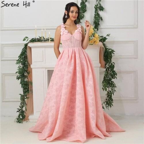 Elegant Spaghetti Straps Lace Evening Dresses 2020 Pink Handmade Flowers Ruffles Long Formal Dress Party Robe De Soiree BLA6523