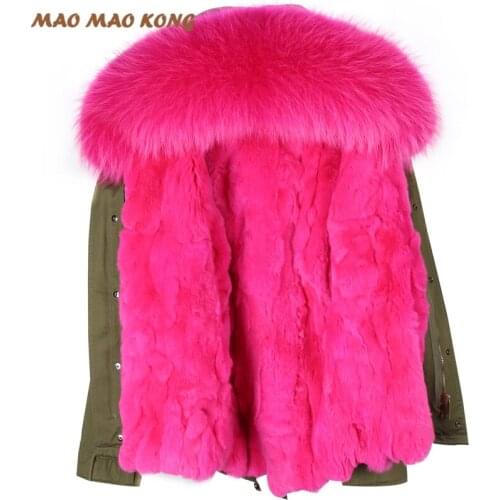 2021 New winter woman coat parkas jacket army green large raccoon fur collar hooded detachable rex rabbit fur lining brand style