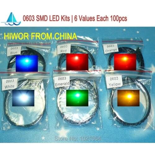 600pcs/lot) 0603 SMD LED Kits Red Yellow Blue Emerald Green Orange White 6 colors each 100pcs