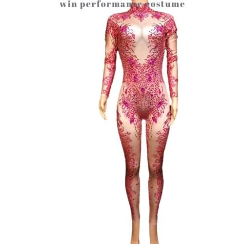 AB Rhinestones Sparkly Jumpsuit Fashion Sexy red Nude Big Stretch Dance Costume One piece Bodysuit Birthday Outfit Party women